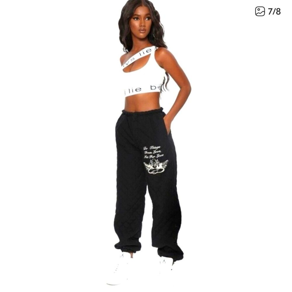 Boys Lie Black Quilted Pants with White Logo - Picture 7 of 8